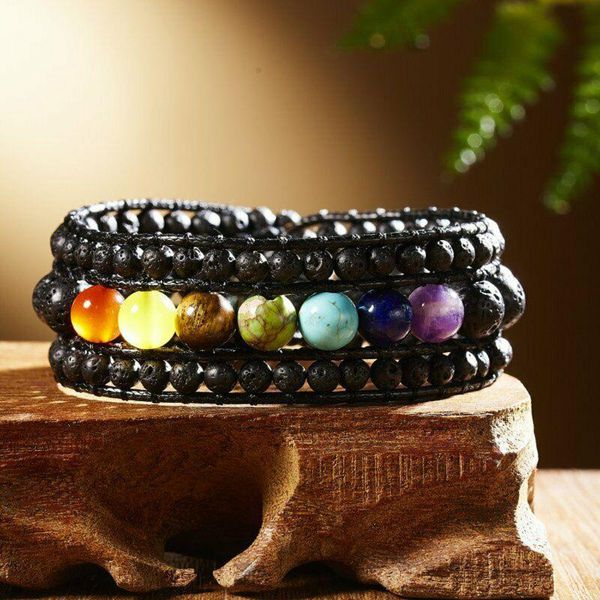 

bohemian natural stone bracelet seven chakras handmade stretchable elastic bangle for women gifts jewelry accessories, Black