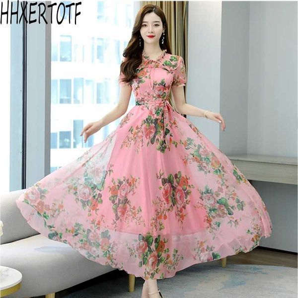 

summer elegant women vintage floral chiffon long dress boho es party short sleeve vestidos 210531, Black;gray