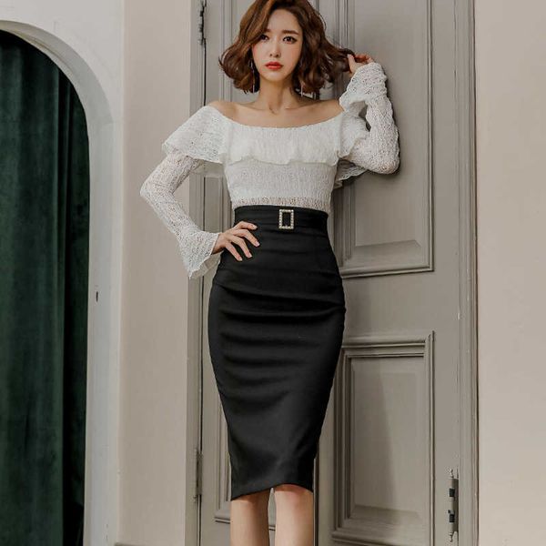 

spring off ths shoulder slash neck lace blouse high waist bodycon pencil skirt women quality 2 pieces sets clothing 210529, White