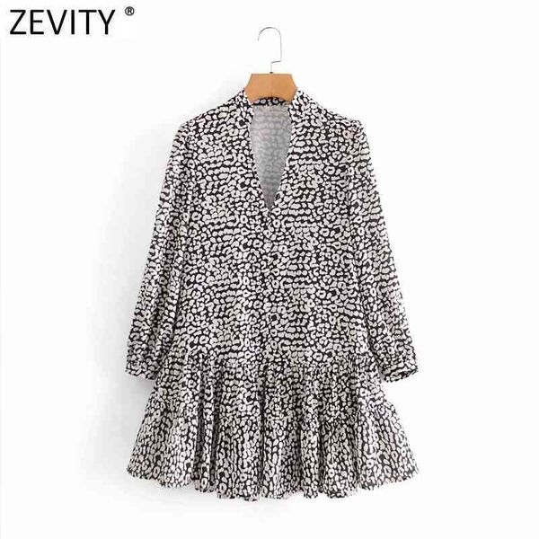 

zevity women vintage v neck digital leopard print hem pleat ruffles mini dress lady long sleeve chic business vestido ds4770 210419, Black;gray