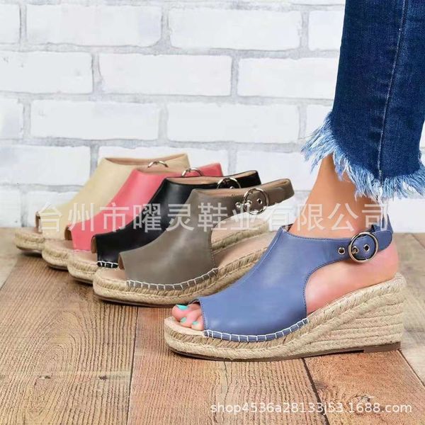 

summer women's sho large roman grass slope heel high fish mouth sandals, Black