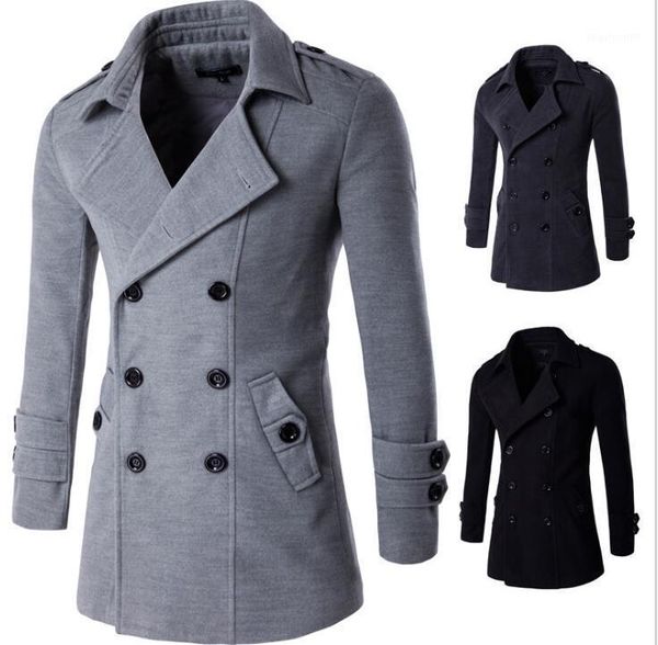 

men's trench coats foreign trade korean fashion slim medium long coat solid color double-breasted suit collar windbreaker, Tan;black