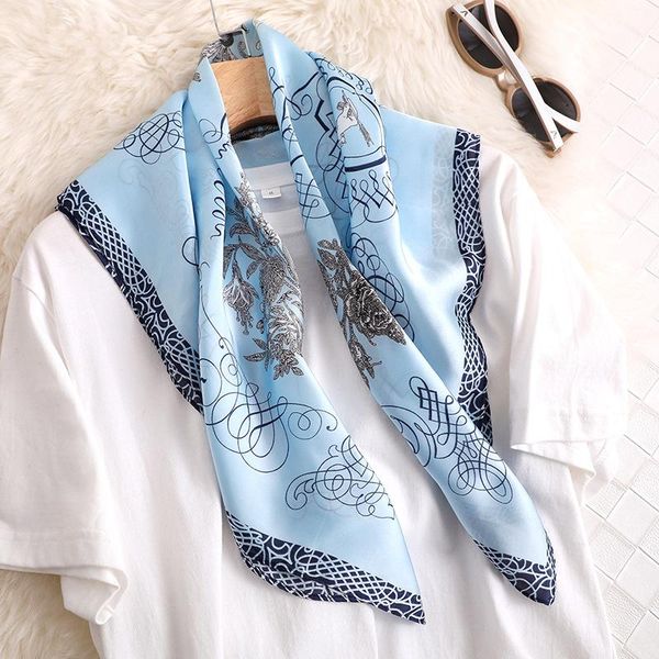 

scarves luxury silk satin hair scarf for women small shawl fashion floral print kerchief female 70*70cm square scarfs ladies, Blue;gray
