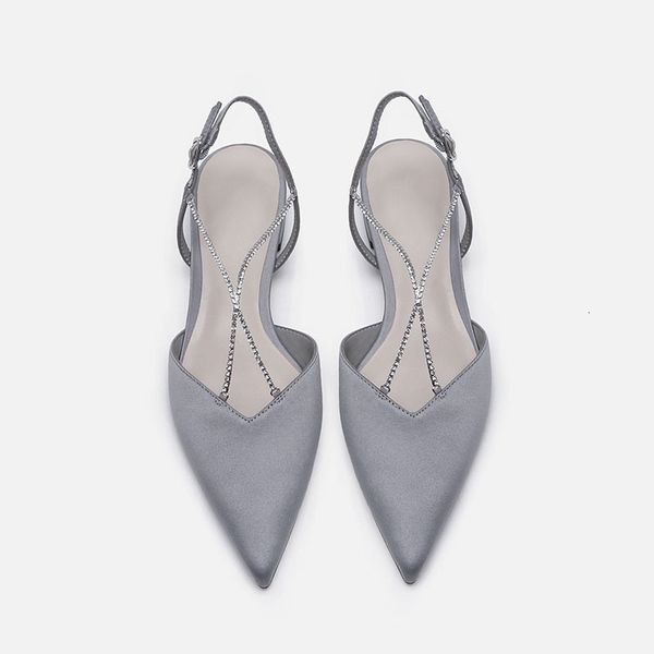 

dress shoes silk satin fairy evening women's 2021 summer pointed diamond cross chain flat sandals gentle single k353, Black