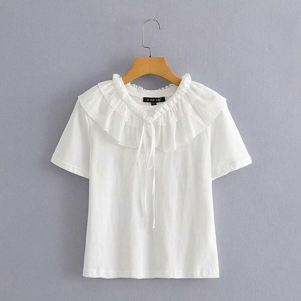 

evfer spring summer chic lady cascade pleated ruffles collar white t-shirts women casual o-neck short sleeve cotton tee women's t-shir