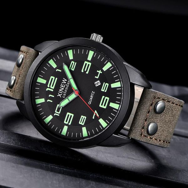 

wristwatches relogio the mens' watches leather strap simple calendar luminous dial outdoor men's quartz watch male clock masculino, Slivery;brown