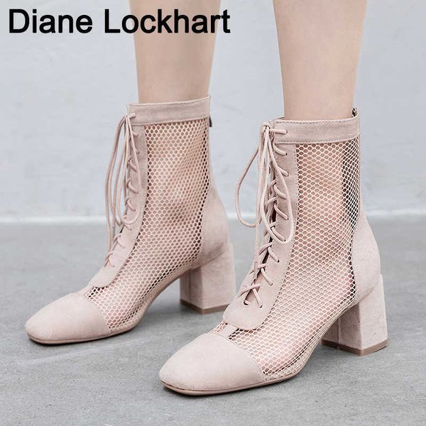 

women lace up mesh shoes ankle booties summer boots back zipper mesh botas mujer brand design botines female size 31 32 41 42 43 y0914, Black