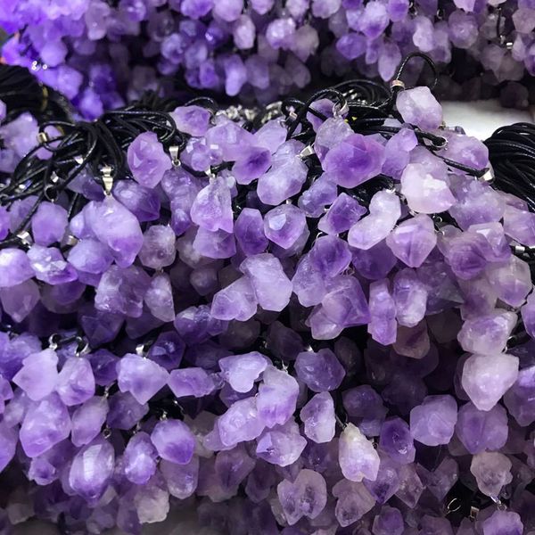 

irregular diy natural original purple crystal pendant necklaces for women men fashion jewelry with rope chain, Silver