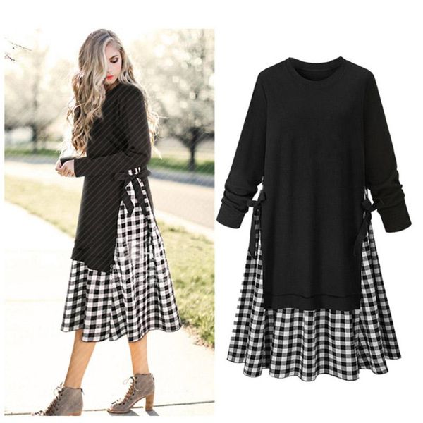 

casual dresses 2021 autumn plus size women's sweater stitching plaid long-sleeved round neck dress fake two-piece long women, Black;gray