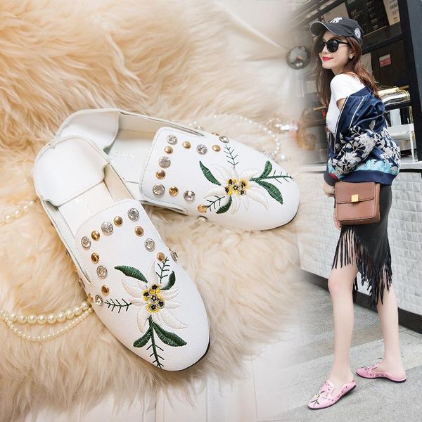 

closed toe outside fashion elegant women slippers low flat with crystal sewing flower rivet slides slip-on summer shoes, Black