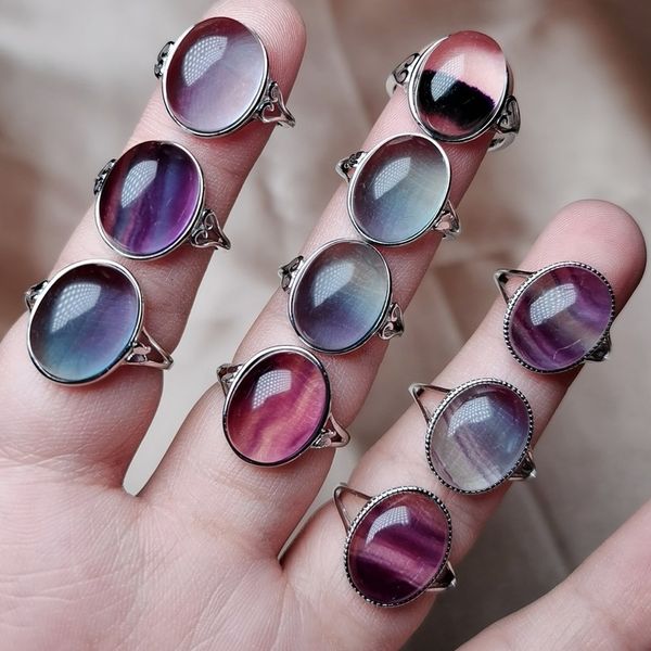 

colorful fluorite s925 silver inlaid adjustable, fashionable and complete, crystal color good ring