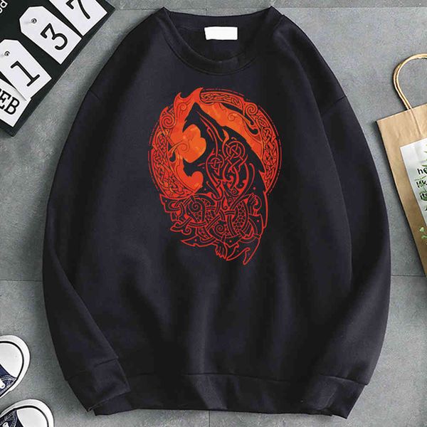 

men's hoodie, lobo fenrir printed casual sportswear, nordic myth, kpop, round neck, hip hop style, Black