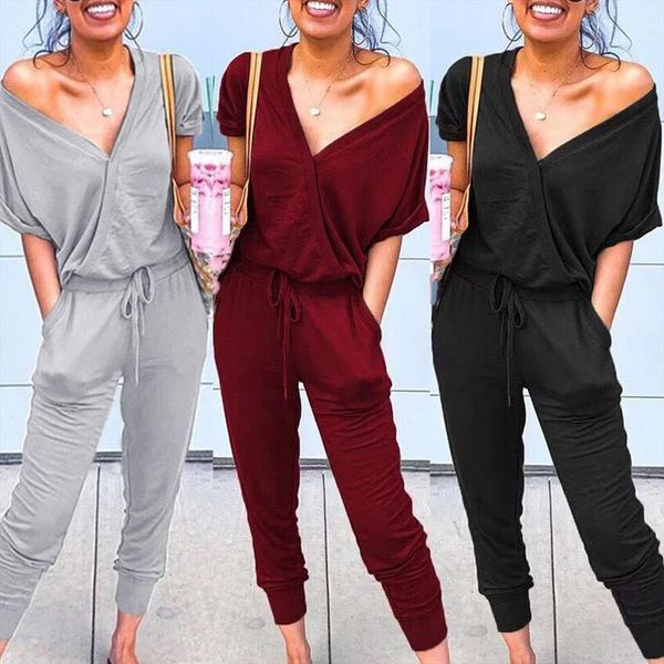 

casual short sleeve v neck womens romper spring summer solid bodysuit long pants drawstring waist jumpsuit, Black;white