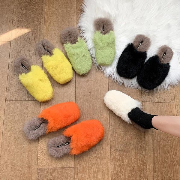 

slippers fur shoes home women's slides low fashion flock cover toe pantofle winter footwear plush massage flat luxury 2021 rubbe, Black
