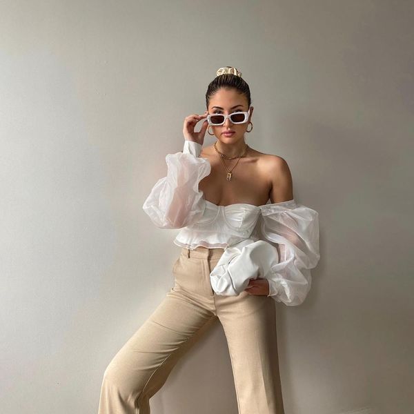 

women's tanks & camis womans summer elegant white off shoulder bandage crop full sleeves mesh satin woman clothing e