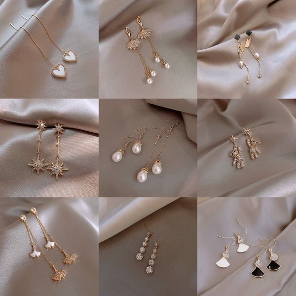 

s925 silver needle korean fashion earrings temperament long tassel heart-shaped petal diamond earrings, Golden