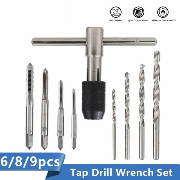 

9pcs screw tap wrench set m6-m12 adjustable t-shaped ratchet threading tapping with twist drill bits hand tool kits tools