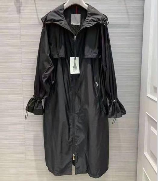 

women long nylon jackets hooded applique girl parka designer lady side pocket front zipper belt outwear, Black;brown