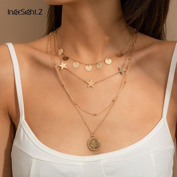 

chains ingesight.z round sequins star tassel choker necklaces multi layered carved coin rose flower pendant for women jewelry, Silver