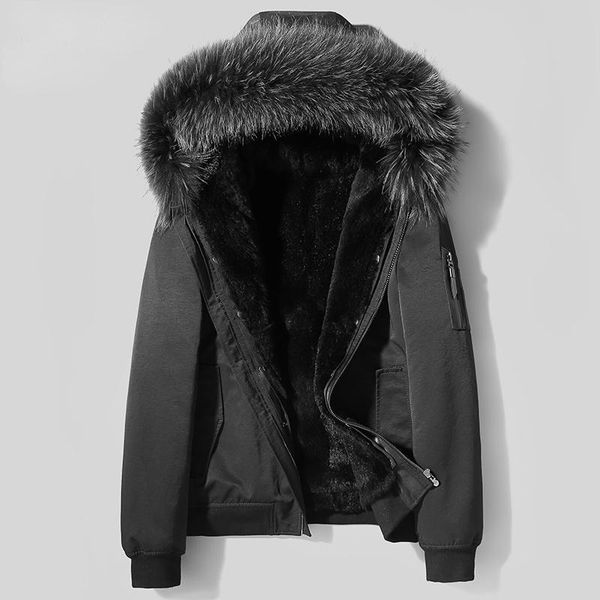 

men's leather & faux winter real reccoon fur collar jacket men warm liner coat male black korean parkas hooded man casaco masculino s