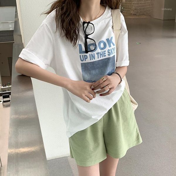 

women's t-shirt letter print short-sleeve female 2021 summer loose slimming casual bottoming top, White