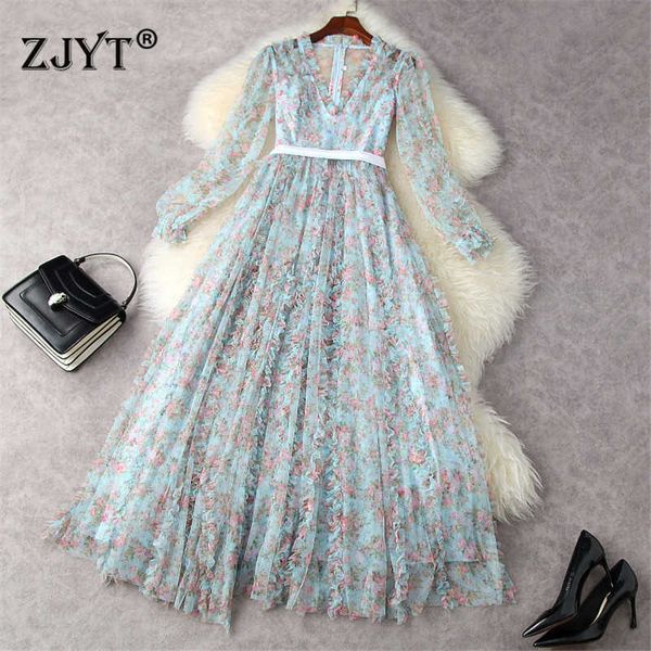 

luxury ruffle patchwork floral print mesh maxi celebrity party dress runway women robe elegant princess vestidos 210601, Black;gray