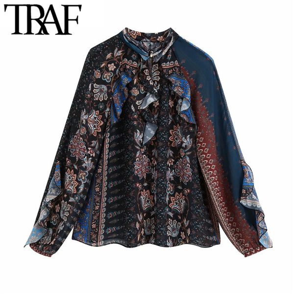 

traf women fashion patchwork print ruffled loose blouses vintage high neck long sleeve female shirts chic 210415, White