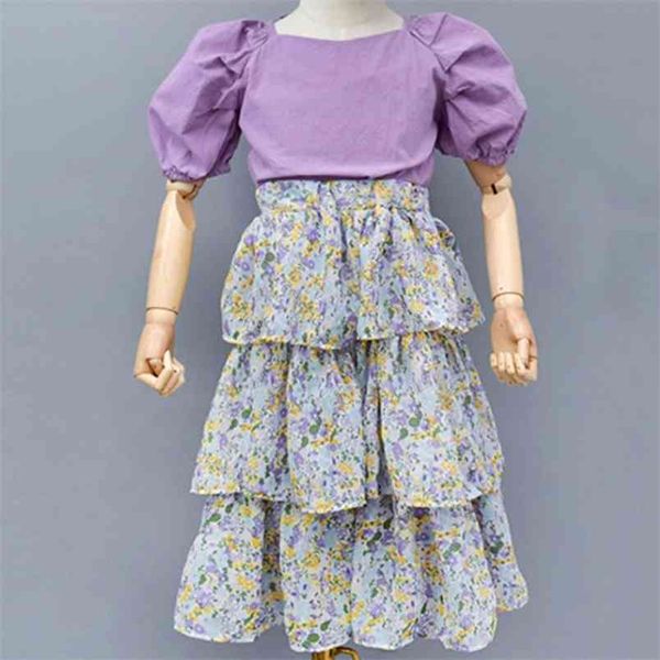 Sommer Puff Sleeve Lila Top + Blume Tiered Lange Rock 2 stücke Kinder Kleider Kleidung Sets Für Mädchen 210528