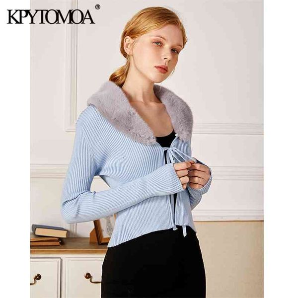 

women fashion patchwork faux fur knitted cardigan sweater vintage with tied long sleeve female outerwear chic 210421, White;black