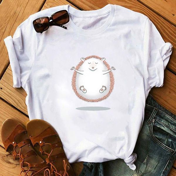 

harajuku funny cute hedgehog womens t shirts print tee summer short sleeve casual loose cartoon, White