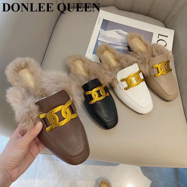 

fur mule shoes women winter indoor slippers flat casual loafers slip on slides warm flip flops 2021 fashion zapatos de mujer, Black