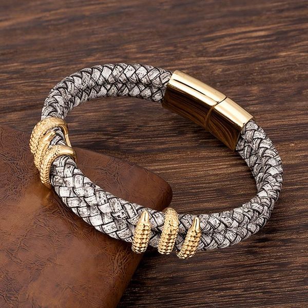 

charm bracelets gothic men vintage gray braided genuine leather bracelet gold dragon claw homme femme handmade jewelry pulseras, Golden;silver
