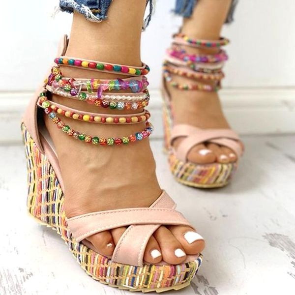 

sandals gigifox 2021 for dropship high heels platform bohemia string bead chains summer women's wedges shoes female big size 43, Black