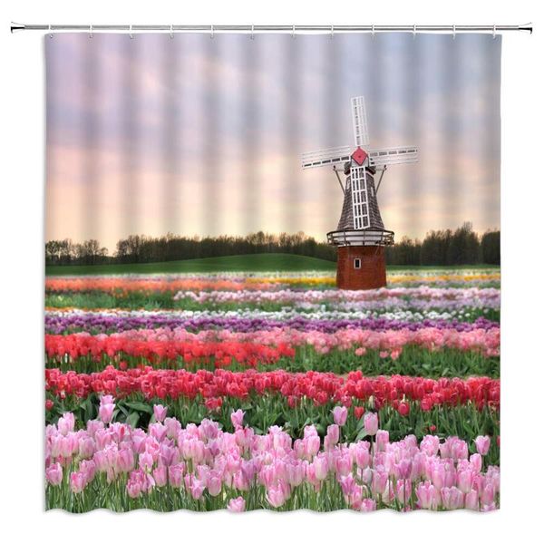 

shower curtains dutch windmill curtain decor colorful tulip flower field bathroom polyester fabric machine washable with hooks