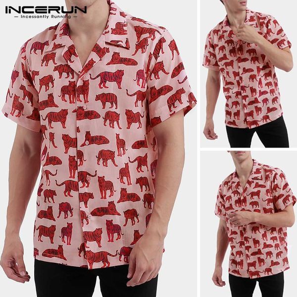 

men's casual shirts incerun men fashion cartoon pattern floral loose buttons blouse summer printed short sleeve lapel blusa, White;black