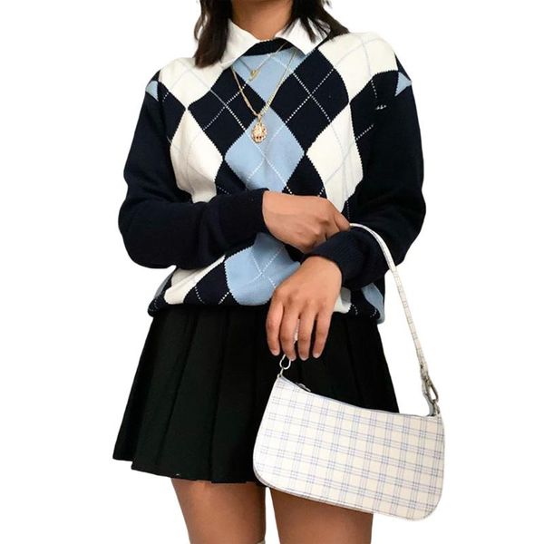 

women's sweaters women\u2021s geometric argyle crew neck loose knit pullover casual long sleeves for autumn, White;black