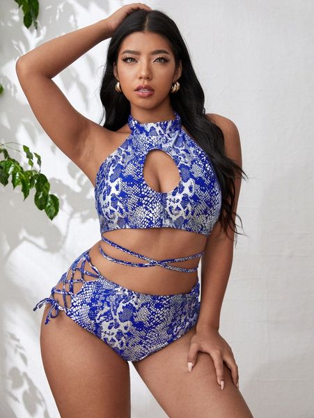 

plus snakeskin cut-out high waisted bikini swimsuit y9kh#, Black