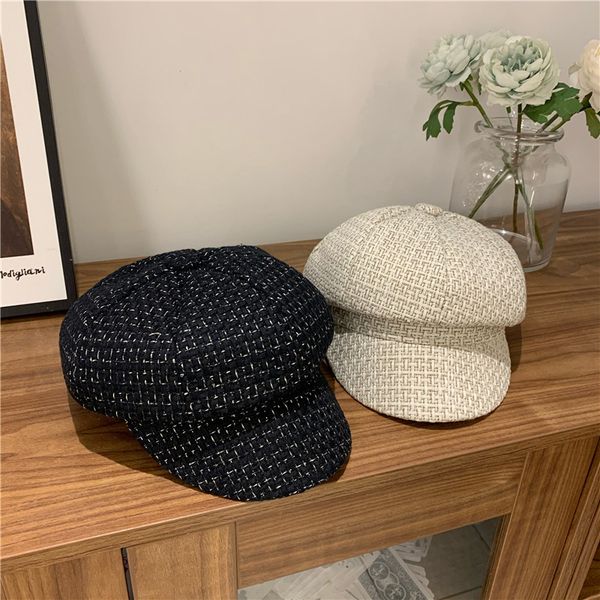 

cotton hemp mixed color octagonal hat women's fashion spring and autumn versatile art pumpkin net red beret painter's, Blue;gray