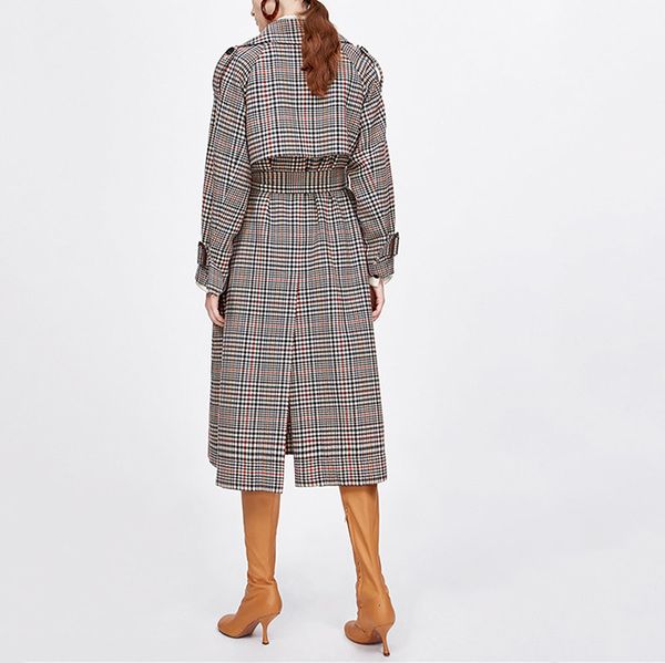 

elegant plaid womens trench coats autumn winter turn down collar single breasted extra long coat sashes slim windbreaker outwear, Tan;black