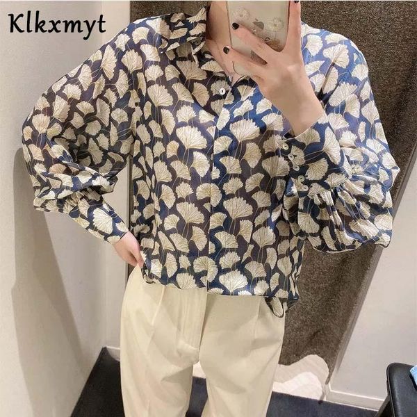 

klkxmyt blouse women 2021 fashion ginkgo leaf print blouses vintage long sleeve button-up female shirts blusas chic women's &, White