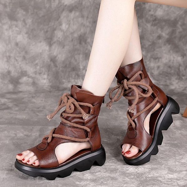 

sandals women soft leather thick-soled shoes women's fish mouth platform flat roman high-top, Black