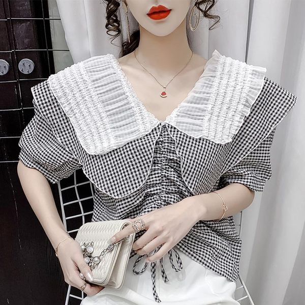 

women's blouses & shirts 2021 summer plaid drawstring pleated shirt design niche doll collar puff sleeve blouse top, White