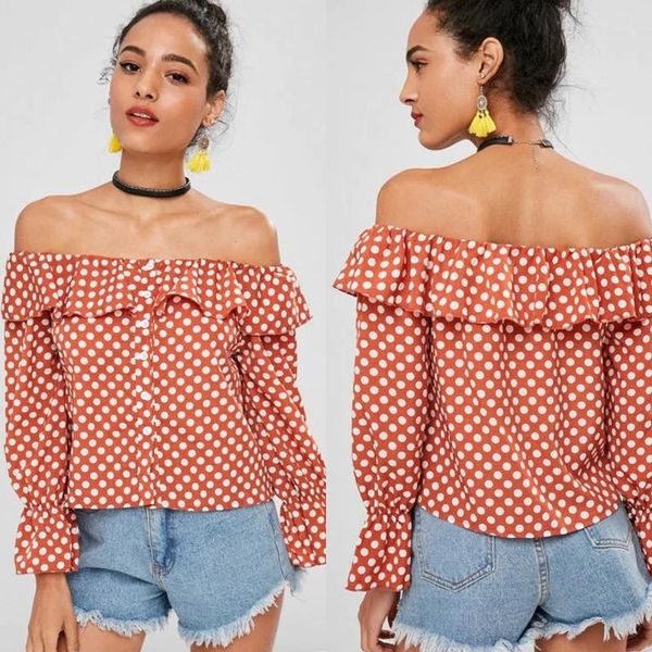 

women's blouses & shirts fashion women one word shoulder shirt dot print female summer, White