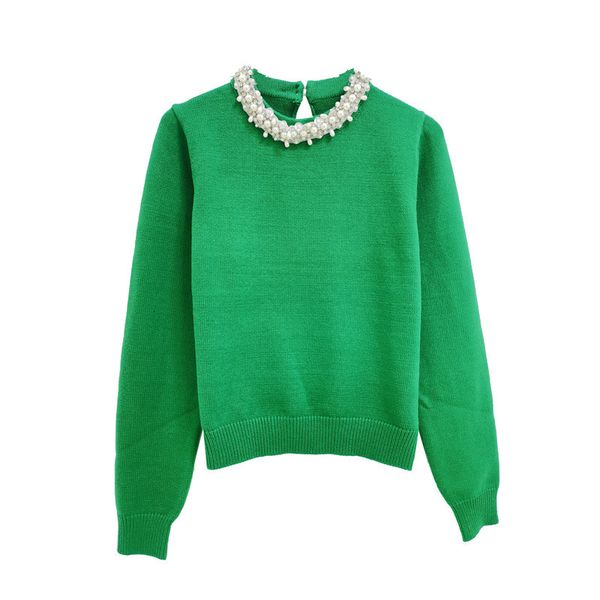 

sweater knit french minority light luxury rhinestone nail bead round neck pullover slim green short versatile fashion, White;black