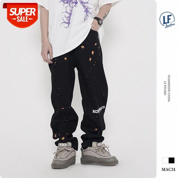 

lawfoo national men's clothing rain spray printed denim trousers casual pants #fe5z, Black