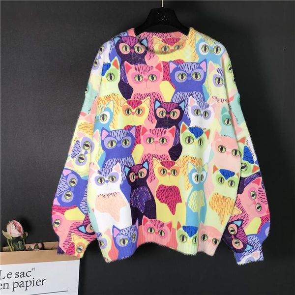 

women's sweaters women autumn cartoon animal cat embroidery fluffy pullover knitting sweater female warm harajuku sweet kawaii winter c, White;black