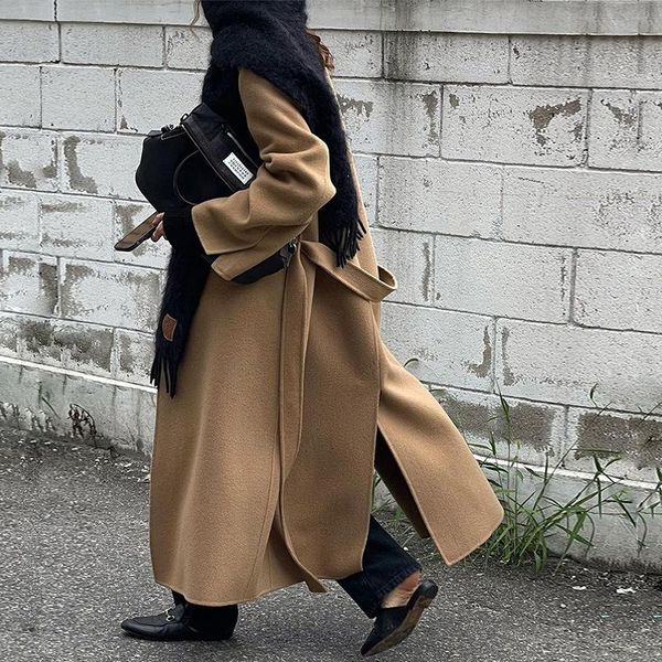 

women's wool & blends winter 2021 luxury fashion 100% handmade coat elegant women double faced x-long with belt, Black