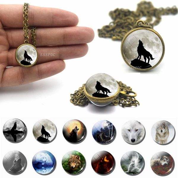 

pendants full moon aggressive wolf pattern art handcrafted ball necklace double face glass cabochon jewelry pendant charm gifts, Black