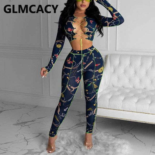 

women two piece chic skinny suits lace up crop & pants set 210702, White