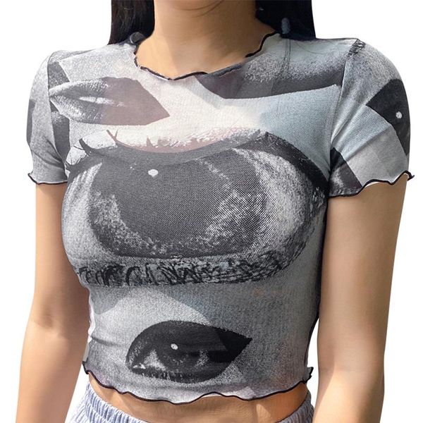 

women's t-shirt women summer short sleeve y2k round neck printed exposed navel t-shirts slim vest club party, White